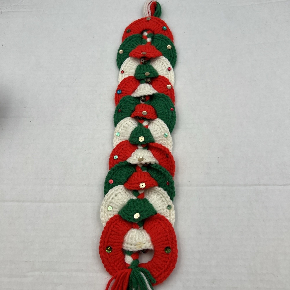 Vintage Handmade‎ Red White Green Crocheted Christmas Door Wall Hanging Bells